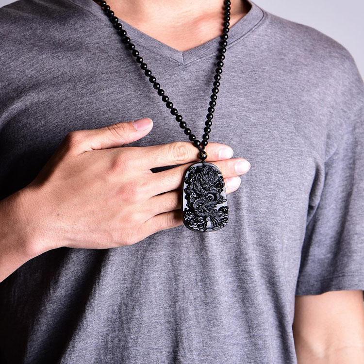Natural Black Obsidian Dragon Protection Necklace