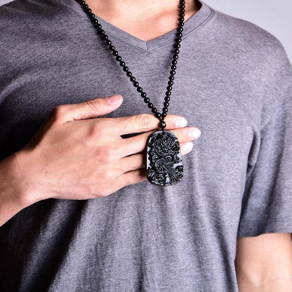 Natural Black Obsidian Dragon Protection Necklace